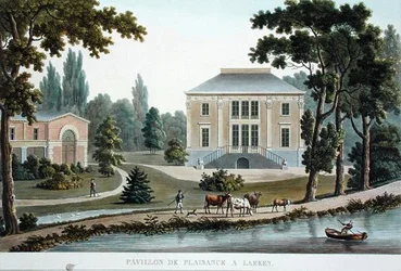 Pavillon de Plaisance i Laeken, från "Val av de mest framstående monumenten, byggnaderna och husen i kungariket Nederländerna" av Pierre Jacques Goetghebuer, publicerad 1827 (akvatint)