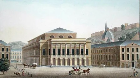 Theatre of Liege, från "Val av de mest framstående monumenten, byggnaderna och husen i kungariket Nederländerna" av Pierre Jacques Goetghebuer, graverad av författaren, publicerad 1827 (akvatint)