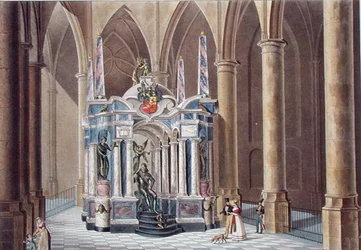 Tomb of William I Prince of Orange i Delft, från "Val av de mest framstående monumenten, byggnaderna och husen i kungariket Nederländerna" av Pierre Jacques Goetghebuer, publicerad 1827 (akvatint)