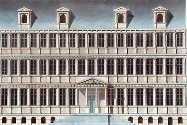 Rådhuset i Gent, från "Choix des Monuments, Edifices et Maisons les plus remarquables du Royaume des Pays-Bas" av Pierre Jacques Goetghebuer, publicerad 1827 (akvatint).
