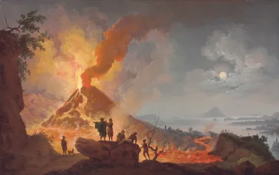 Vesuvius som bryter ut på natten, sett från Atrio del Cavallo med åskådare i förgrunden, en panoramautsikt över staden och Neapelbukten bortom