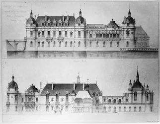 Design för rekonstruktion av den norra fasaden och fasaden på Petit Chateau de Chantilly, 1875 (penna & wc på papper) (bw foto)