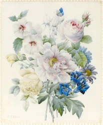 En blomsterbukett med en pion, rosor, hibiskus, astrar, gentiana och en fantasifull blå fjäril
