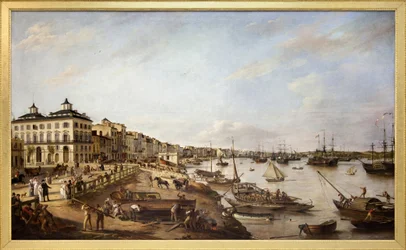 Utsikt över en del av hamnen och hamnen i Bordeaux, känd som Chartrons och Bacalan, Oljemålning på duk gjord 1804 av Pierre Lacour Pere