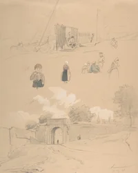 Studieblad med figurer och landskap vid Arnemuiden nära Middelburg..., mitten av 1800-talet.