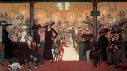 Palais des Glaces: Utsikt från det inre av Palais des Glaces på Champs Elysees i Paris: skridskobanan. Konstverk av Pierre Gatier (1878-1944) Privat samling