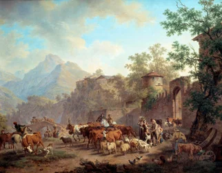 Avresa av besättningarna för berget Debut av transhumances. Målning av Pierre Louis Larive (de la Rive) Godefroy (1735-1817) 1813 Geneve, Museum of Art and History