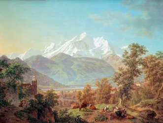 Le Mont-Blanc sett från Sallanches vid solnedgången Målning av Pierre Louis från stranden (1753-1817) 1802 Musee d? konst och d? historia om staden Genève, Schweiz
