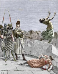 Ismailitisk sekt i östern, eller mördare, grundad av Hassan ibn al-Sabbah (1036-1124), känd som Bergsgubben, avbildad när han beordrar två av sina fanatiska anhängare att döda sig själva, Alamut, Persien, omkring 1096