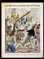 Robert Surcouf (1736-1827) gick ombord på "Kent", en båt som tillhör Västindiska kompaniet, illustration från en övningsbok, sent 1800-tal
