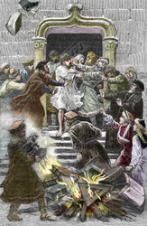 Socinianism och lilla polska kyrkan: invånarna i Krakow bränner verken av Faustus Socinus (Faust Socin eller Fausto Sozzini) (1539-1604) på det offentliga torget och tvingar honom att delta i autodafe 1598 (Socinianism och polska bröder: bränningen av