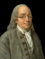 Porträtt av Benjamin Franklin (1706-1790), amerikansk tryckare, förläggare, vetenskapsman, uppfinnare, statsman och diplomat - gravyr av Pierre Michel Alix