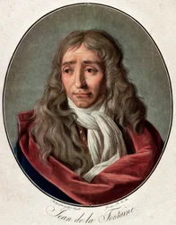 Porträtt av Jean de La Fontaine (Lafontaine) (1621-1695), fransk poetgravyr av Pierre Michel Alix (1762-1817) av Ambroise Louis Garnerey (1783-1857)