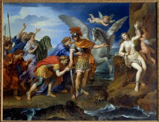 Persee befriar Andromede Andromeda kedjad vid en sten levereras av Persee och räddar marinmonstret. Målning av Pierre Mignard (1612-1695) 1600-talet