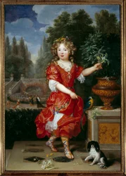 Porträtt till fots av Mademoiselle de Blois (1666-1739) Marie Anne de Bourbon, dotter till Ludvig XIV och Mademoiselle de la Valliere, blivande prinsessa av Conti Målning av Pierre Mignard (1612-1695) 1600-tal sön. 1,38x0,98 m