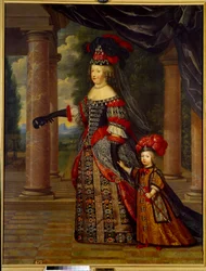 Porträtt av Marie Therese av Österrike, Frankrikes drottning (1638 - 1683) och den stora delfinen. Målning av Pierre Mignard (1612-1695)