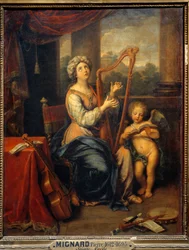 Heliga Cecilia sjunger Herrens lovsånger. Helgonet spelar harpa och är omgiven av instrument. Målning av Pierre Mignard (1612-1695), 1691. H. 0,74 x 0,56 m. Paris, Louvren