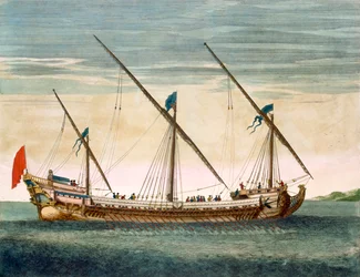 En tremastad galeass under färd med åror, ur Le Neptune Français, ca 1693-1700