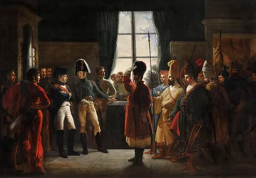 Tsar Alexander I presenterar kalmykerna, kosackerna och basjkirerna från den ryska armén för Napoleon I, Tilsit