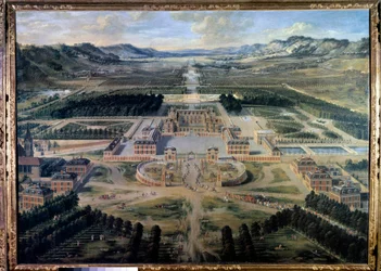 Utsikt över slottet och trädgårdarna i Versailles, tagen från Paris Avenue 1668 (olja på duk)