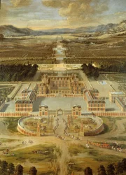 Vy över trädgårdarna vid slottet i Versailles, sedd från Avenue de Paris år 1668. Detalj.