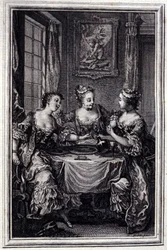 La Gageure des trois commeres - i "" Sagor och noveller på vers"" av Jean La Fontaine. 1776. Illustration av P.P. Choffard.