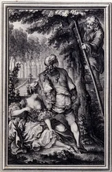 La Gageure des trois commeres - i "" Sagor och noveller på vers"" av Jean La Fontaine. 1776. Illustration av P.P. Choffard.