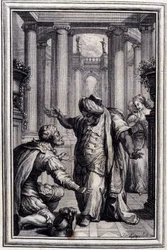 Den lilla hunden som skjuter pengar och stenar - i "" Sagor och noveller på vers"" av Jean La Fontaine. 1776. Illustration av P.P. Choffard.