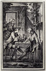 öronmätaren eller musselskrämaren. I "Tales et nouvelles en vers" av Jean de La Fontaine, Amsterdam 1776, illustrerad av P.P.Choffard.