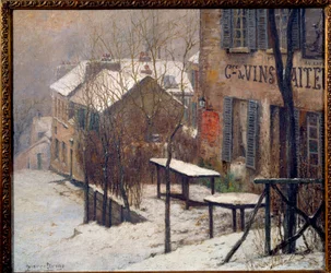 Kabarén på Rabbit Agile i Montmartre 1890. Vy över Paris under snön på vintern. Målning av Pierre Prins (1838-1913)