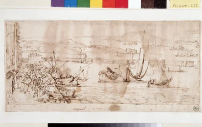 Hamnen och hamnen i Toulon (bläck på papper och penna)