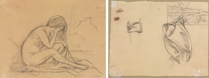 Studie av en kvinnlig naken (möjligen för en orealiserad allegorisk målning) (recto); Studier av draperi och studier av ett landskap (verso)