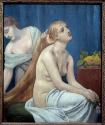 Kvinnan har sin toalett eller toalett. En naken kvinna med långt, blont hår blir stylad av en hembiträde. Målning av Pierre Puvis de Chavannes (1824-1898) 1883 Sön. 0,75x0,63 m Paris, musee d