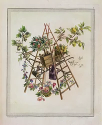 En trädgårdstextildesign, från Work som innehåller en samling troféer, attribut, patroner, vaser, blommor, prydnadsföremål och flera trevliga mönster för att brodera fåtöljer, graverade av Etienne C