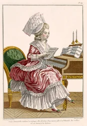 Ung kvinna som studerar musik vid sitt cembalo, platta 149 från "Galerie des Modes et Costumes Francais", graverad av J. Pelicier, 1778