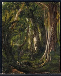 Resenärer i en kubansk skog (olja på panel)