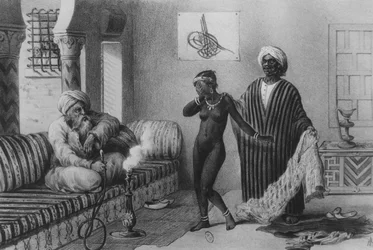 En ung flicka från Timbuktoo som erbjuds av en slavmästare i Tripoli 1854, från "Voyages au Soudan et dans L"Afrique Septentrionale", graverad av A. Adam, 1850