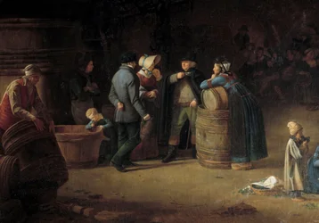En ägare besöker sin källare i Bourgogne. En vinodlare kontrollerar vinproduktionens tillstånd på sin vingård. Detalj. 1800-talet. Beaune