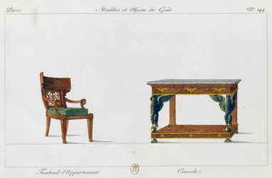 Lägenhetsfåtölj och konsol, tallrik 144, illustration från Collection de meubles et objects de gout (Samling av möbler och smakföremål)