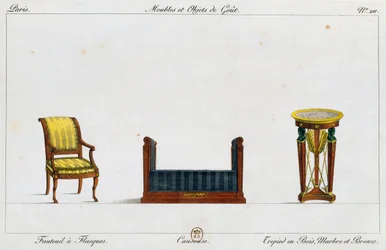 Flänsad fåtölj, loveseat och stativbord, tallrik 211, illustration från Collection de meubles et objects de gout (Samling av möbler och smakföremål)