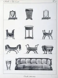 Möbler från periodens konsulat (1802-1803). Tallrik hämtad från samlingen "" Collection de mobilier et objets de taste"" av Pierre de la Mesangere (1761-1831). Paris. Dekorativ konst