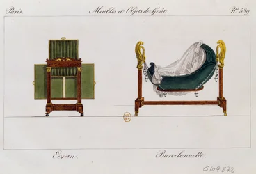 Skärm och gungvagga, tallrik 589, illustration från Collection de meubles et objects de gout (Samling av möbler och smakföremål)