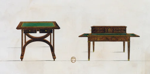 Skrivbord och skrivbord, tallrik 436, illustration från Collection de meubles et objects de gout (Samling av möbler och smakföremål)