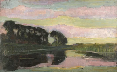 Flodlandskap med rosa och gulgrön himmel, ca 1907-1908.