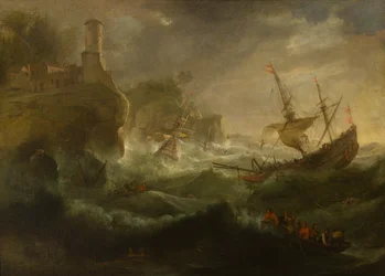 Ships Foundering off a Rocky Coast, ca 1657-1701 (olja på duk)