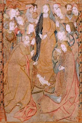 flamländsk gobeläng. Serien Triumphs of the Mother eller Paños de Oro. Kristi födelse (Nacimiento de Cristo). Tredje gobelängen i serien. Modell Colin de Cooter (?). Tillverkning Pieter van Aelst (eller van Edingen), Bryssel. Ca 1500-1502. Tyg Guld, silver