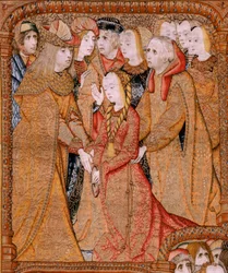 flamländsk gobeläng. Serien Triumphs of the Mother eller Paños de Oro. Gud sänder ärkeängeln Gabriel (Dios envía al Arcángel Gabriel). Första gobeläng i serien. Modell Colin de Cooter(?). Tillverkning Pieter van Aelst (eller van Edingen), Bryssel. Ca1500-1