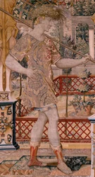 flamländsk gobeläng. Serien Vertumnus och Pomona.Vertumnus förvandlas till en bonde. Andra gobeläng i serien. Vänster del förvandlingen av Daphne. Modellcirkel av Pieter Coecke van Aelst. Tillverkning Wilhelm Pannemaker, Bryssel. Ca 1545-1550. Fabri