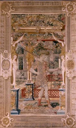 flamländsk gobeläng. Serier Vertumnus och Pomona.Vertumnus förvandlas till en bonde. Andra gobeläng i serien. Vänster del förvandlingen av Daphne. Modellcirkel av Pieter Coecke van Aelst. Tillverkning Wilhelm Pannemaker, Bryssel. Ca 1545-1550. Fabri