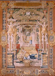 flamländsk gobeläng. Serien Vertumnus och Pomona.Vertumnus förvandlas till en bonde. Centrala delen av den nedre gränsen ser vi ett avsnitt om Jupiters kärlekar: Danaë. Andra gobeläng i serien. Modellcirkel av Pieter Coecke van Aelst. Tillverkning Wil
